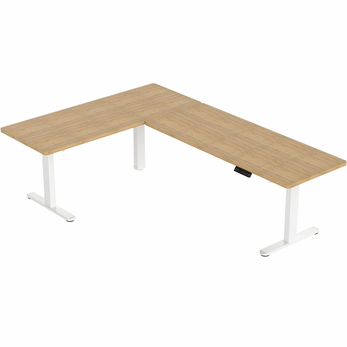 VIVO Electric Height Adjustable 83 x 60 inch Corner Stand Up Desk, 2 Solid Bamboo Table Tops, White Frame, Memory Controller, L-Shaped Workstation, 3E Series, DESK-KIT-3E8WO