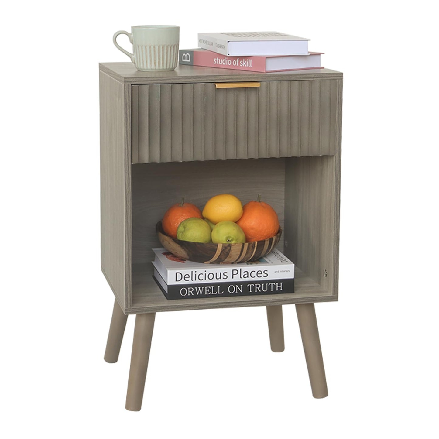 Fultyle Mid Century Modern Nightstand, Wood Bedside Table with Drawer and Open Storage, End Table Living Room Fluted Night Stand with Solid Wood Legs for Bedroom (Grey)