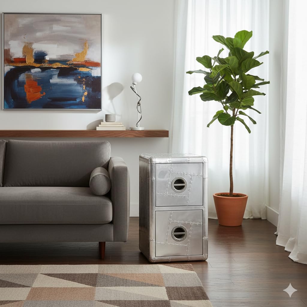 NauticalMart Aviator Industrial Office File Cabinet Aluminum Two Drawers for Home Office Decorative Study Room, Living Room, Boutique Studios Furniture Side Table Aviation