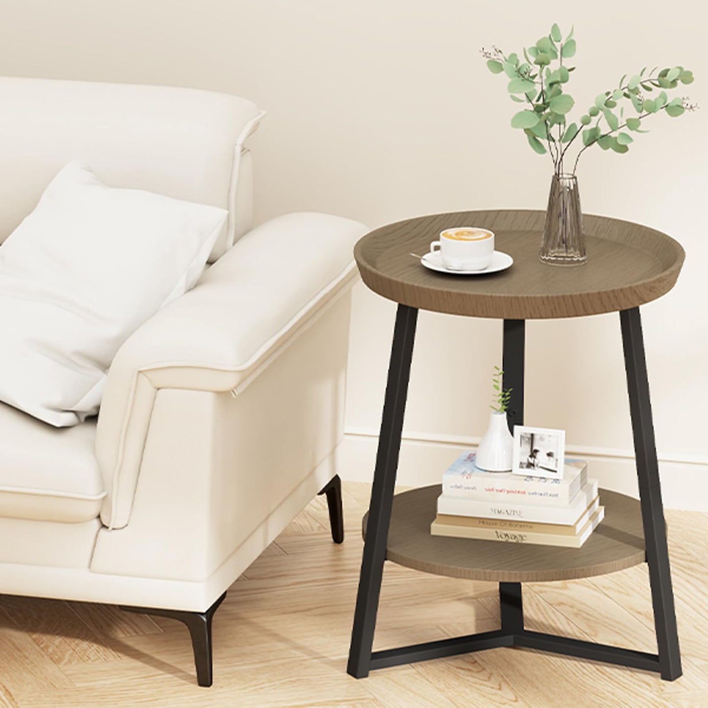 Gadroad Round End Table with Storage Shelf, 2 Tier Farmhouse Side Table Nightstand for Living Room, Bedroom, Wood Tabletop & Black Metal Frame, Walnut Color 15.7 * 15.7 * 23.0inches