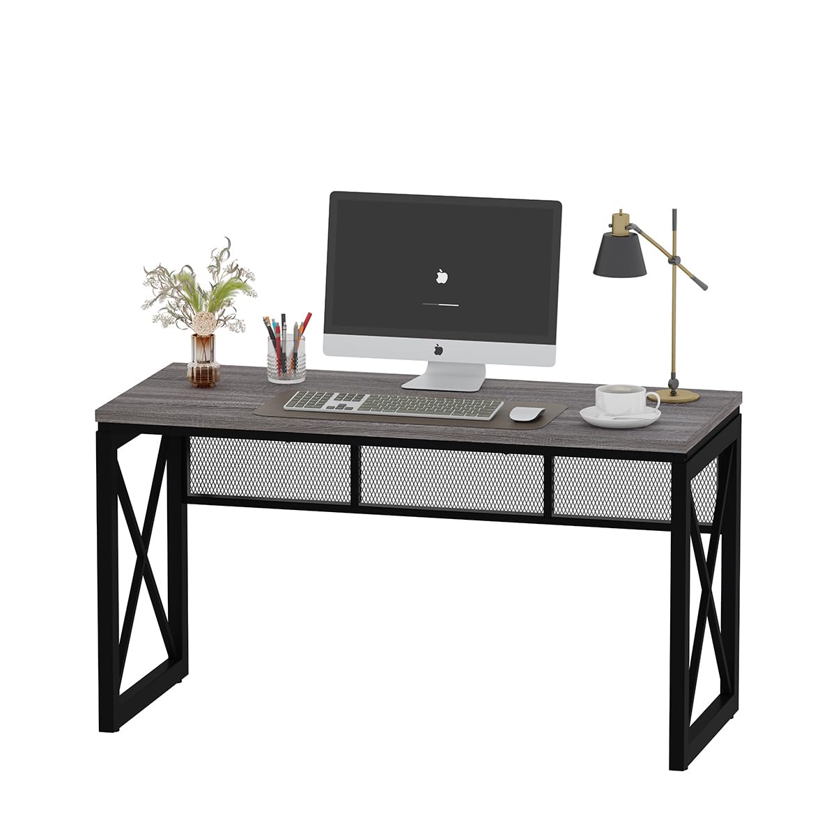 BON AUGURE Industrial Computer Desk, Rustic Wood Desks for Home Office, Sturdy Metal Writing Work Table (60 Inch, Dark Grey Oak)