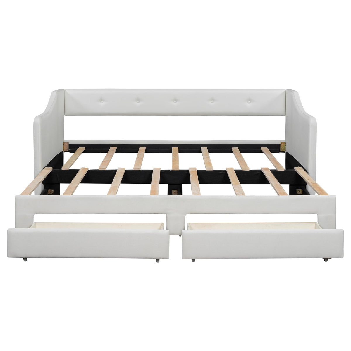 Twin XL to King Size Upholstered Daybed with Linen Fabric, 2 Storage Drawers, Extendable Platform Bed with Foam-Padded Back and Armrests, Sturdy Pine and MDF Frame, Sofa Bed for Users, Beige