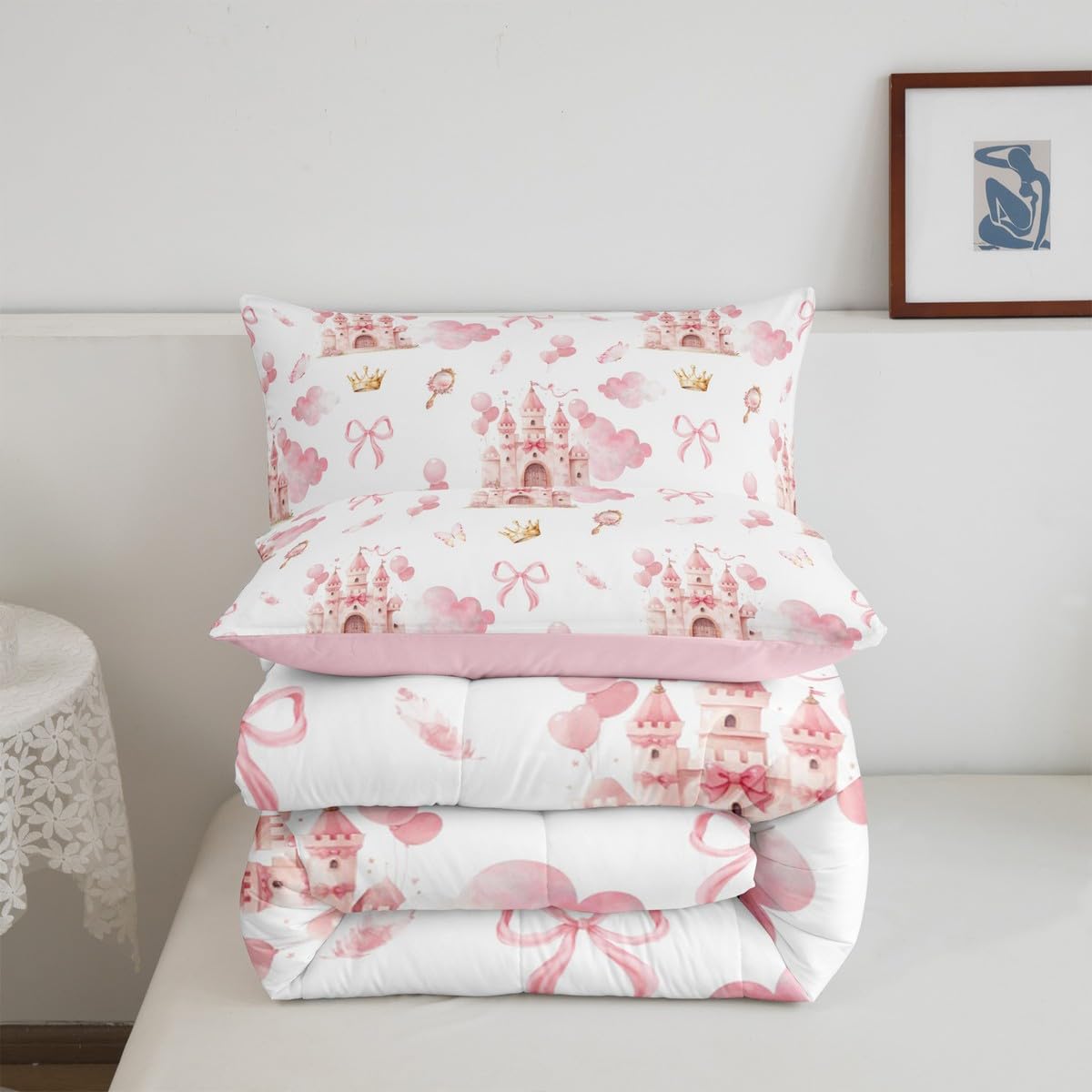 Feelyou Kids Pink Castle Duvet Insert Queen Size, Cute Bowknot Comforter Set Boys Girls Girls Dreamy House Bedding Set Fairytale Teens Bedroom Decor Bed Set 3Pcs