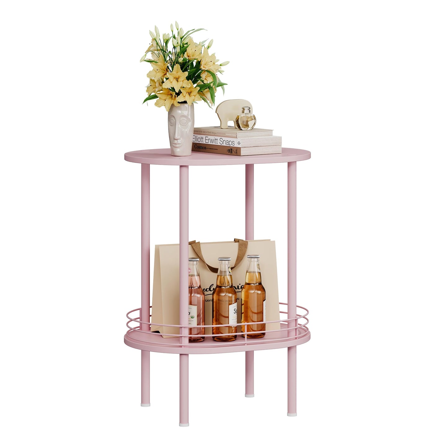 Small Modern Oval Side Table with Storage,2-Tier Side Tables Living Room,Sturdy Nightstand for Small Space - Living Room, Bedroom, Bathroom, Nursery (1PC,Pink)