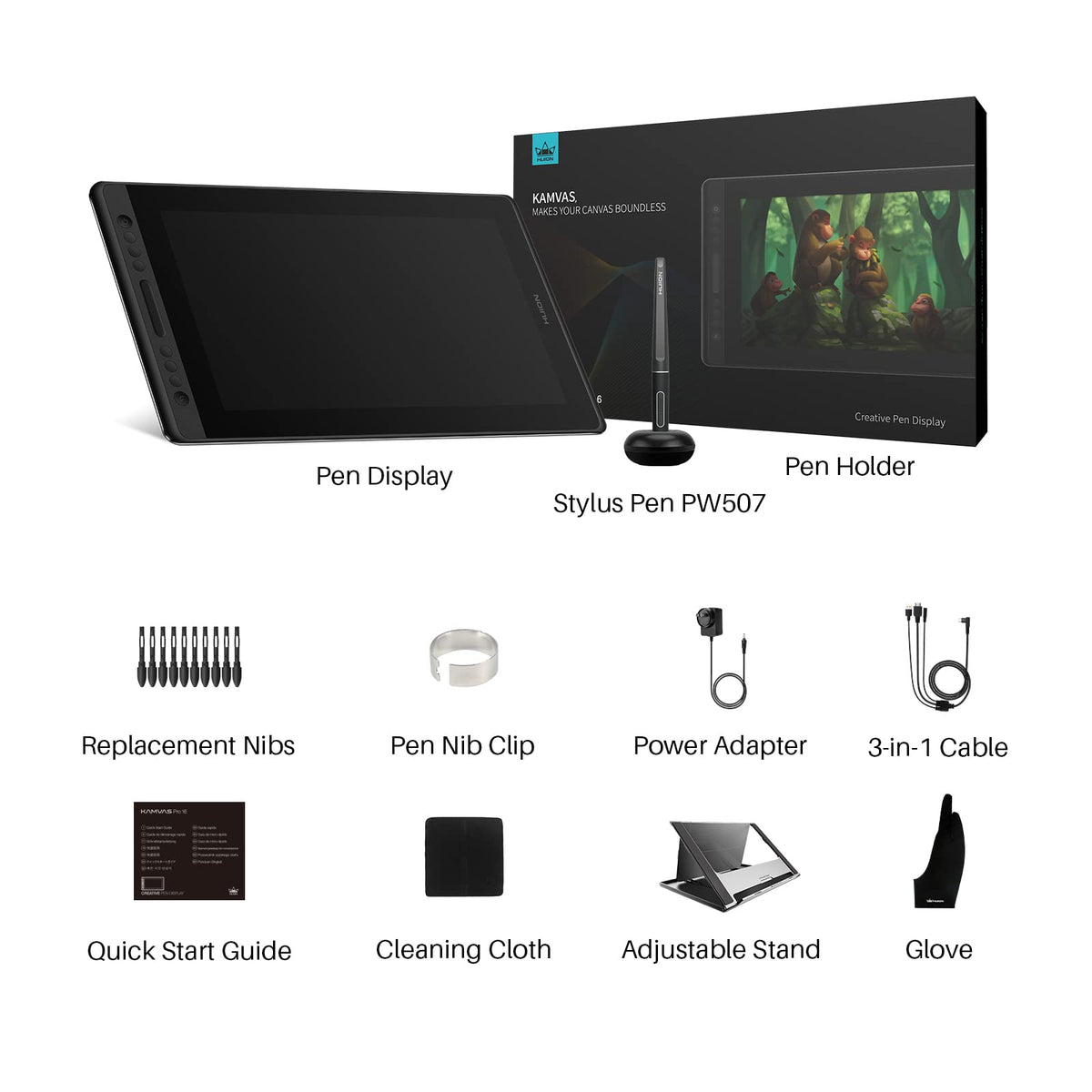 HUION KAMVAS Pro 16 Drawing Tablet with Screen, 15.6 inch Pen Display Anti-Glare Glass 6 Shortcut Keys Adjustable Stand, Graphics Tablet for Drawing, Writing, Design, Work with Windows, Mac and Linux