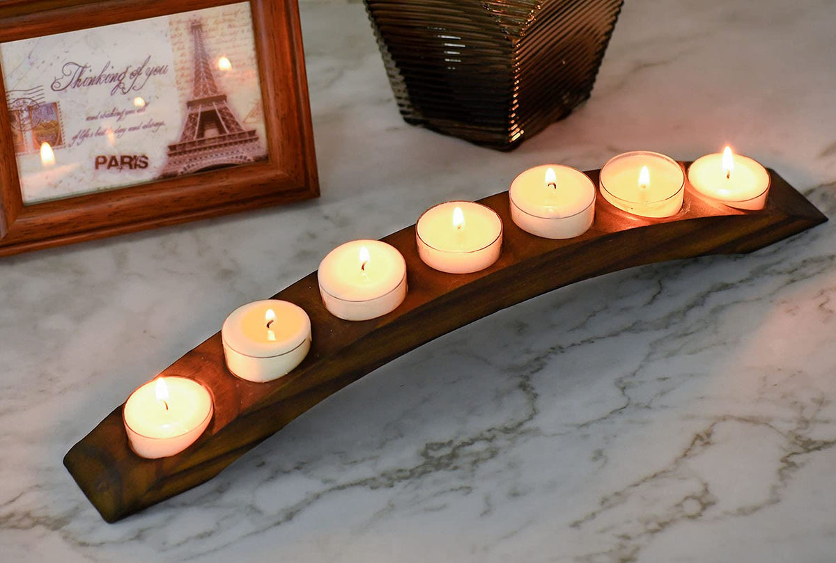 Long Wooden Bridge Tealight Candle Holder, 7 Holes - Candle Centerpieces for Tables - Rustic Wooden Color