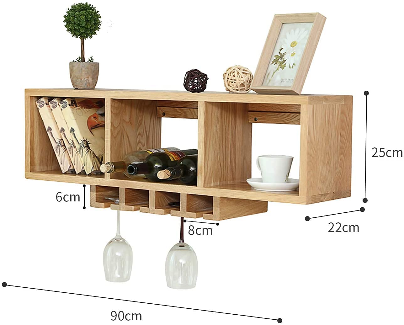 SBTXHJWCGLD Wall Mounted Solid Wood Wine Bottle & Stemware Shelves, Vintage Wine Display Storage Wall Shelves, for Homes, Bars, Cafes, Hotels, Restaurants, Offices (90X22X25Cm)