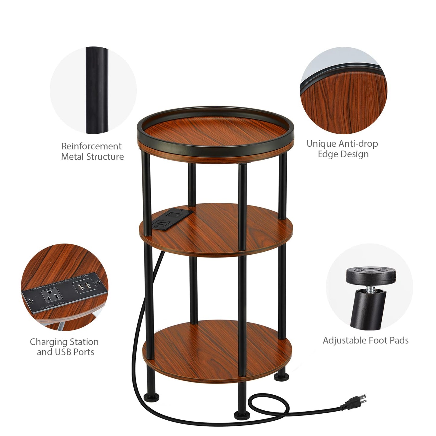 Small Round Side Table with Charging Station for Small Spaces, 3-Tier Accent Table with USB Ports & Power Outlets, Sofa Corner Tea Table for Living Room Nightstand Bedroom Apartment (USB, Cherry)