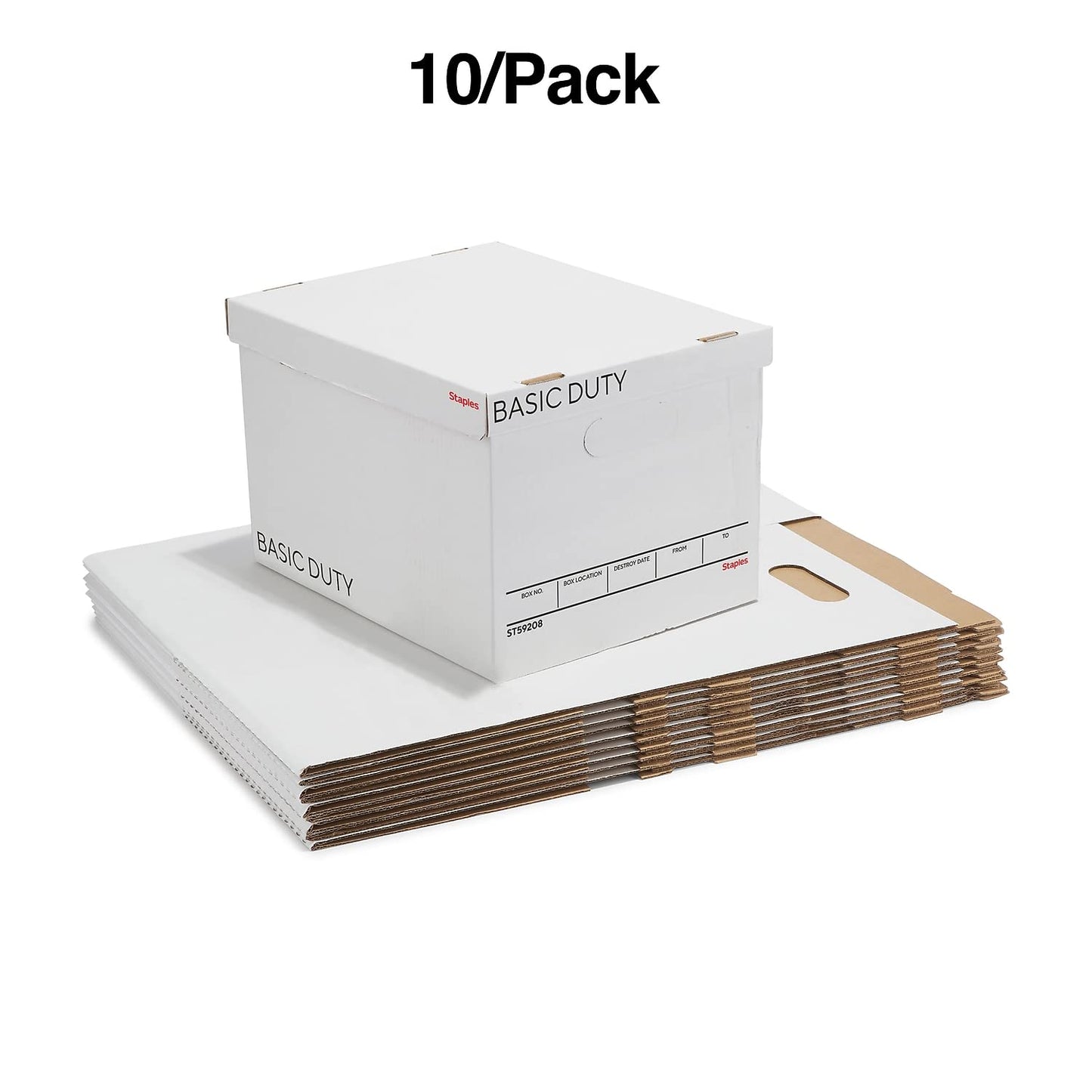 STAPLES Corrugated File Box Lift Off Lid, Letter/Legal Size, White/Black, 10/Pack