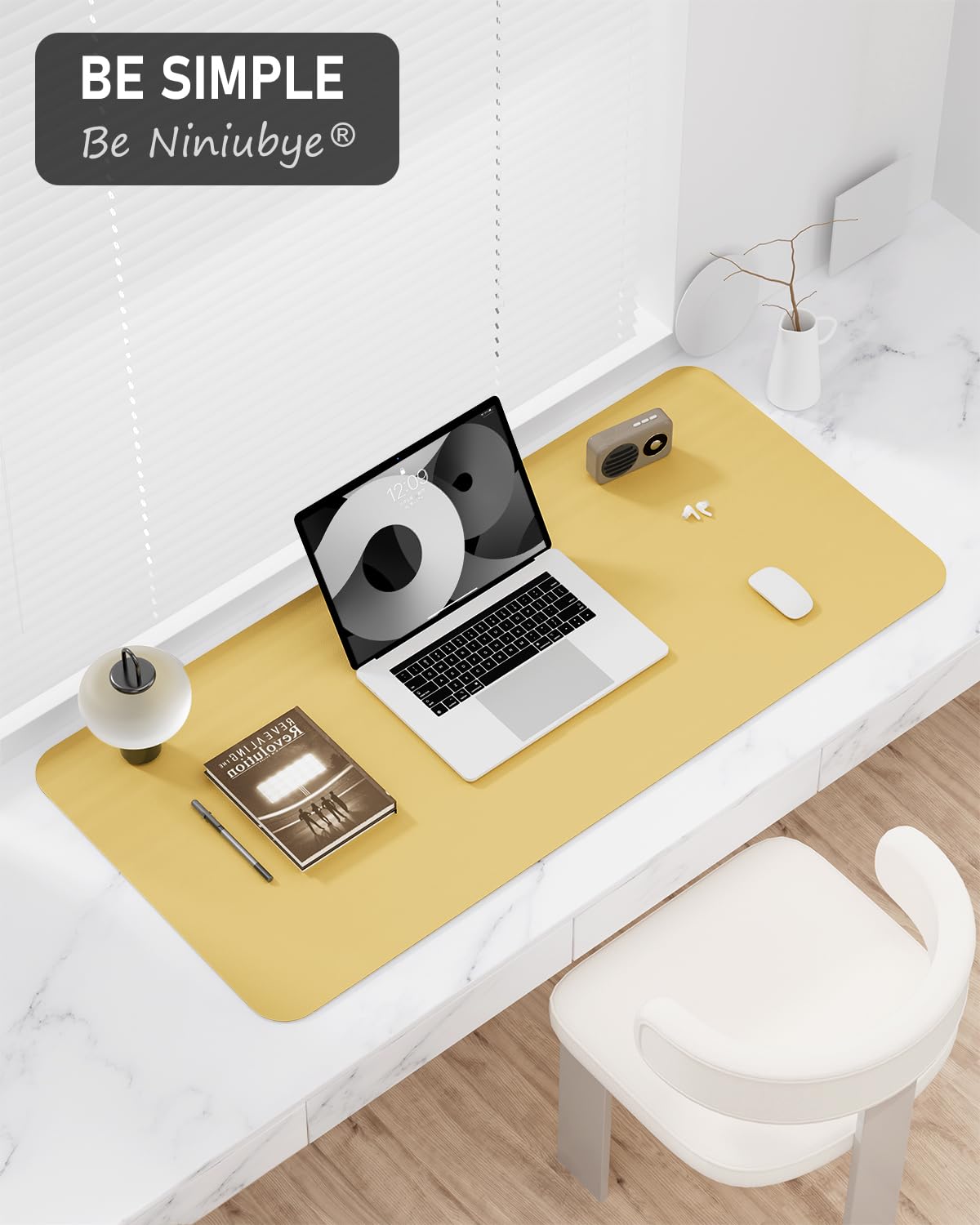 Niniubye Desk Pad, 35.5" x 17" PU Leather Non-Slip Desk Mat Large Mouse Pad for Desktop, Waterproof Laptop Computer Writing Mat for Office, Home, Work, Gaming, Pale Yellow