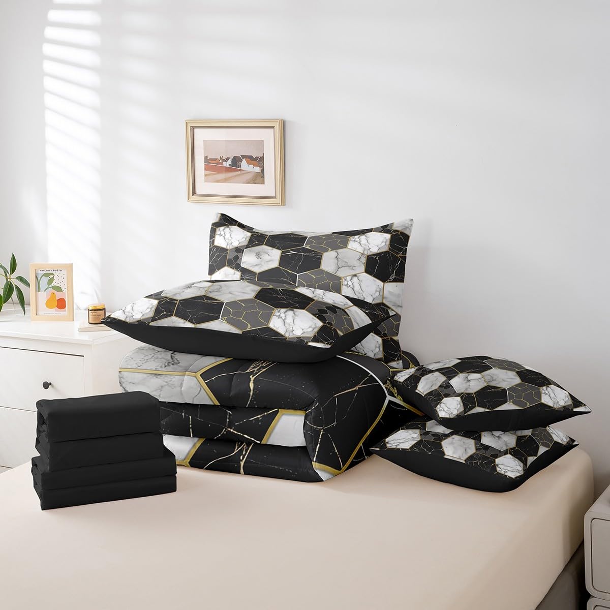 Erosebridal Black Grey Marble 7 Piece Bed in A Bag White Gray Hexagon Honeycomb Comforter Set King for Kids Boys Teen Adults Men Gold Marble Grain Bedding Set Geometric Marbling Art Bed Set