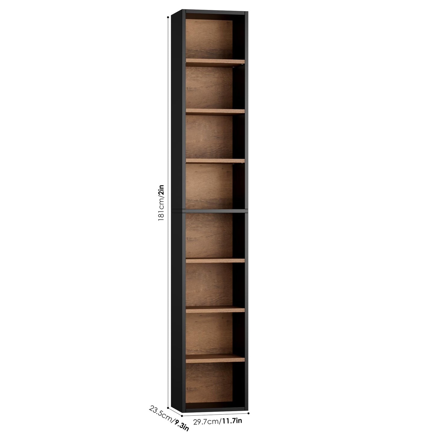 FOTOSOK 8-Tier Media Tower Rack, 11.6 X 9.3 X 71 Inches CD DVD Slim Storage Cabinet with Adjustable Shelves, Tall Narrow Bookcase Display Bookshelf for Home Office, Black/Brown