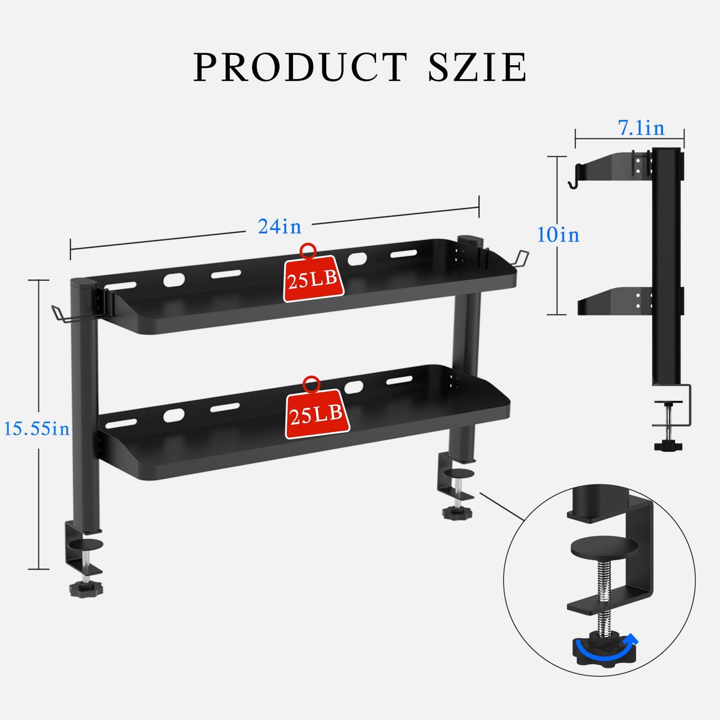 DEARPER Clamp on Desk Shelf, 24in 2-Tier Office Desk Shelves Organizer, Shelf for Top of Desk with Headphone Holder and Hooks, Desktop Storage Rack for Home Workspace, Study Rooms, Gaming Accessories