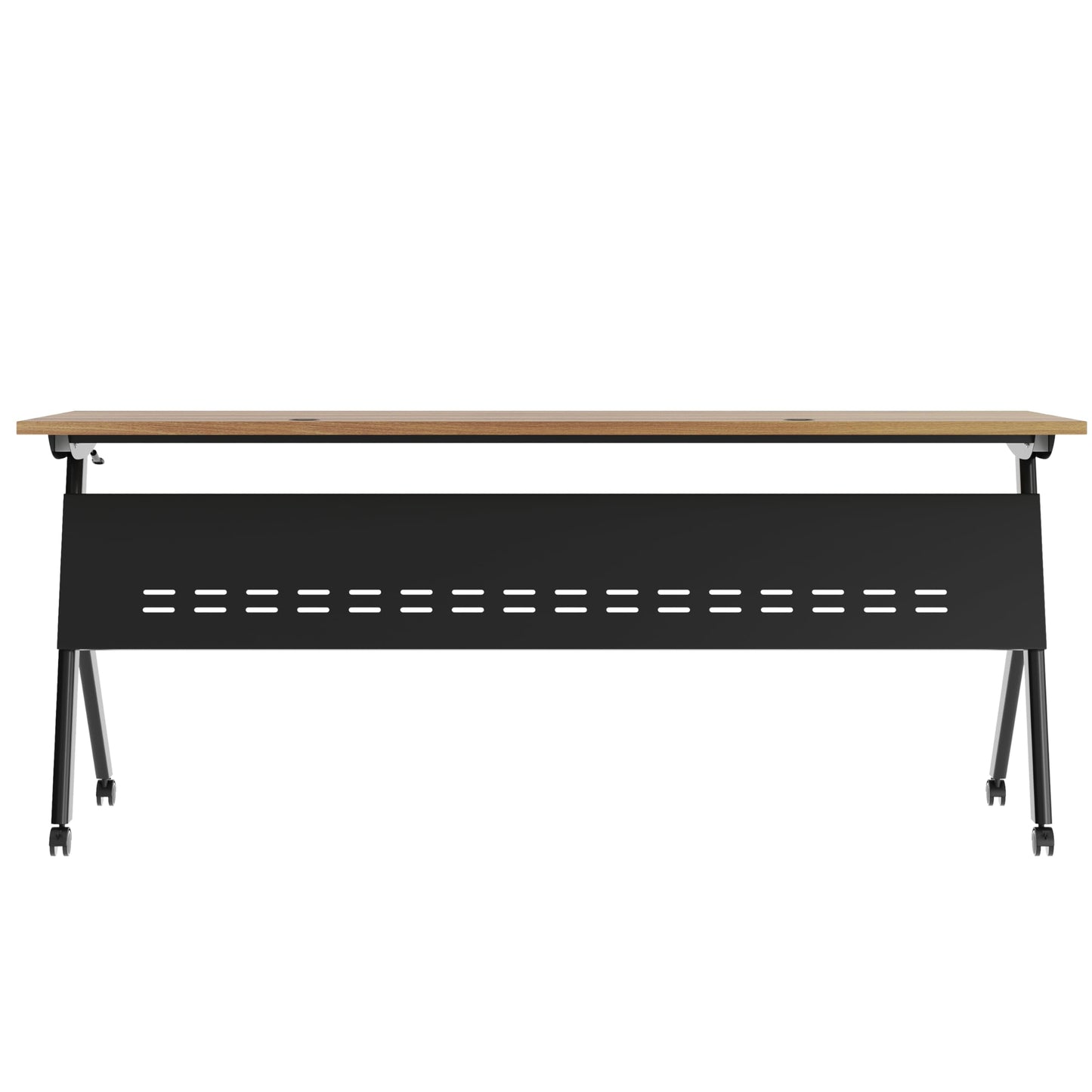 BizChair Commercial Grade 72" x 24" Heavy-Duty Nesting Flip Training Table with Y-Legs, Modesty Panel, 1" Thick Walnut Tabletop, and Black Steel Frame