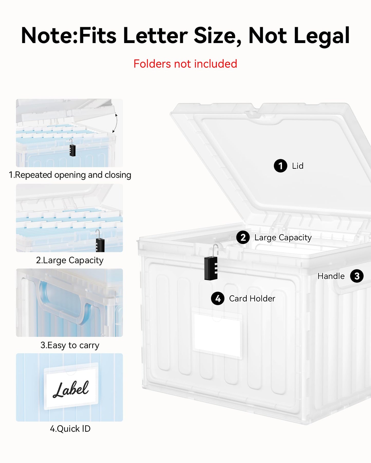 Oterri Plastic File Box with Lid for Letter Size Hanging File Folders, Hanging File Folder Box for Home, Office, School, File Cabinet, Assembly File Organizer, Clear,Large-1 Pack Without Folders