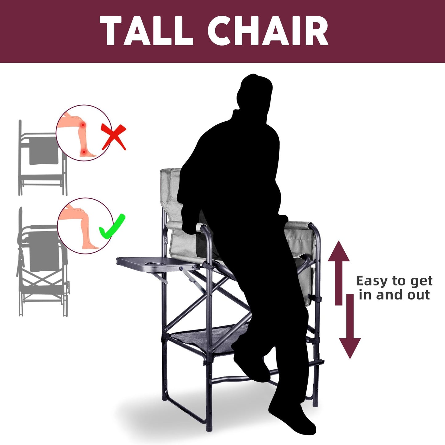 Foristrail 30" Tall Directors Chair with Side Table, 400LBS Bar Height Folding Camping Chair (Light Gray/Black)