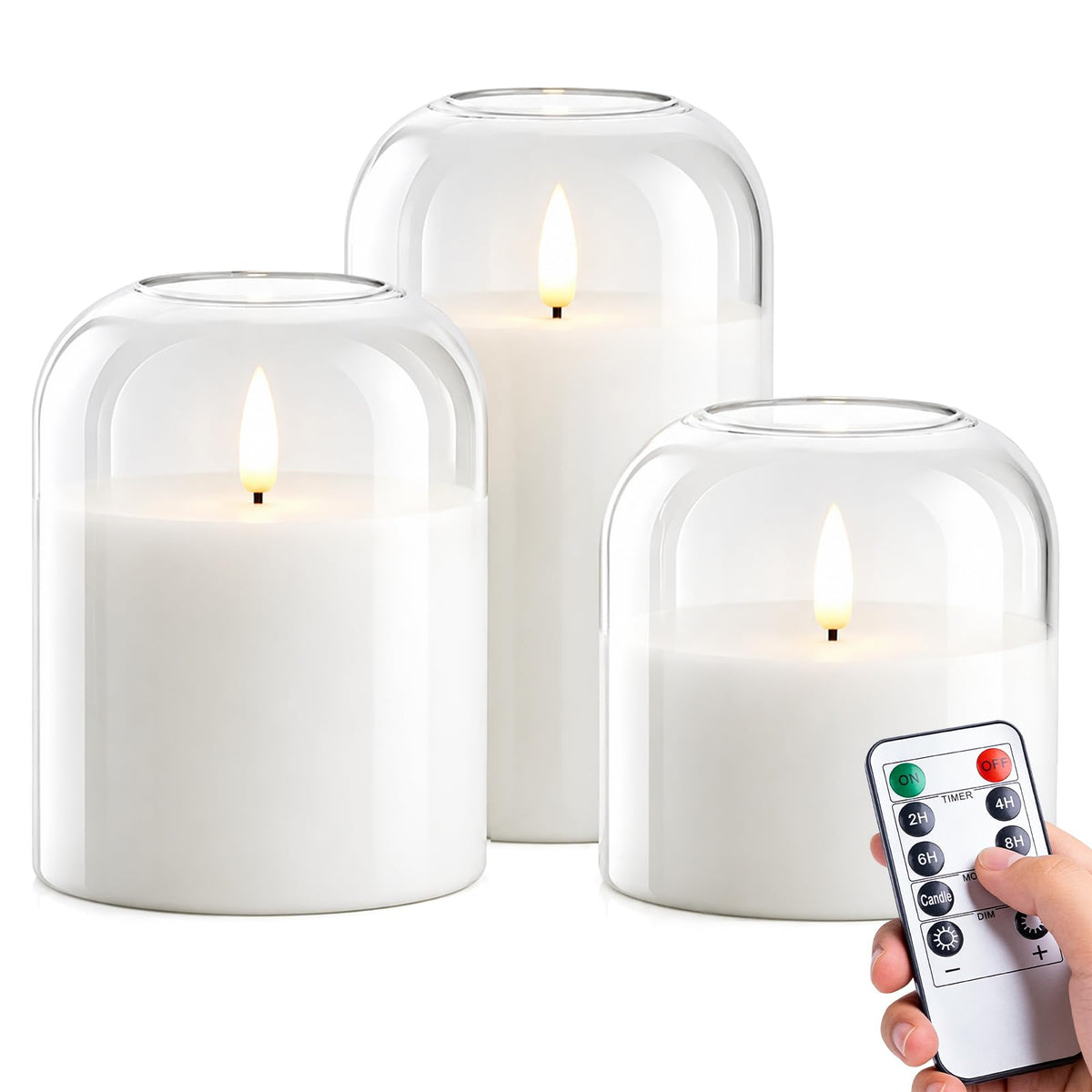 Flameless LED Pillar Candles with Remote and Timer, 3-Pack Clear Glass Battery Operated Candles, Classic Elegant Home Decor, Realistic Flickering 3D Wick for Wedding, Christmas Mantel, Shelf, White