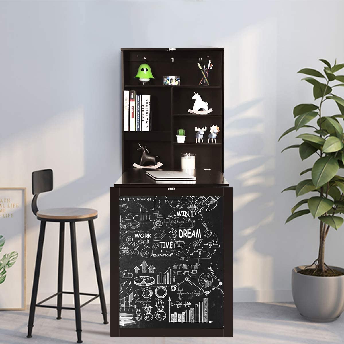 GRAFFY Wall Mounted Folding Desk, Floating Desk with Chalkboard, Multi-Function Wall Mounted Table with Storage Shelves & Hooks, Computer Desk Laptop Workstation Home Office (Brown)