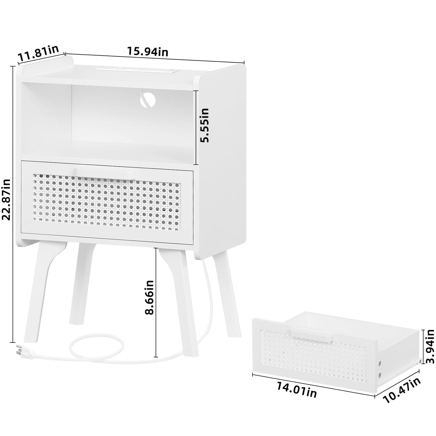 Lerliuo Rattan Nightstand with Charging Station, Side Table with Drawer Open Shelf, Cane Accent Bedside End Table with Solid Wood Legs, Night Stand for Bedroom, Dorm and Small Spaces (White)