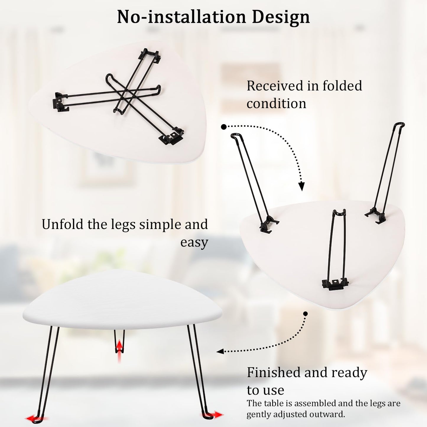 Coffee Table for Small Spaces White Folding Wooden Triangle Center Sofa Tables Simple Design Droplet Coffee Table with Steel Legs Modern Accent Furniture for Living Room Home Office