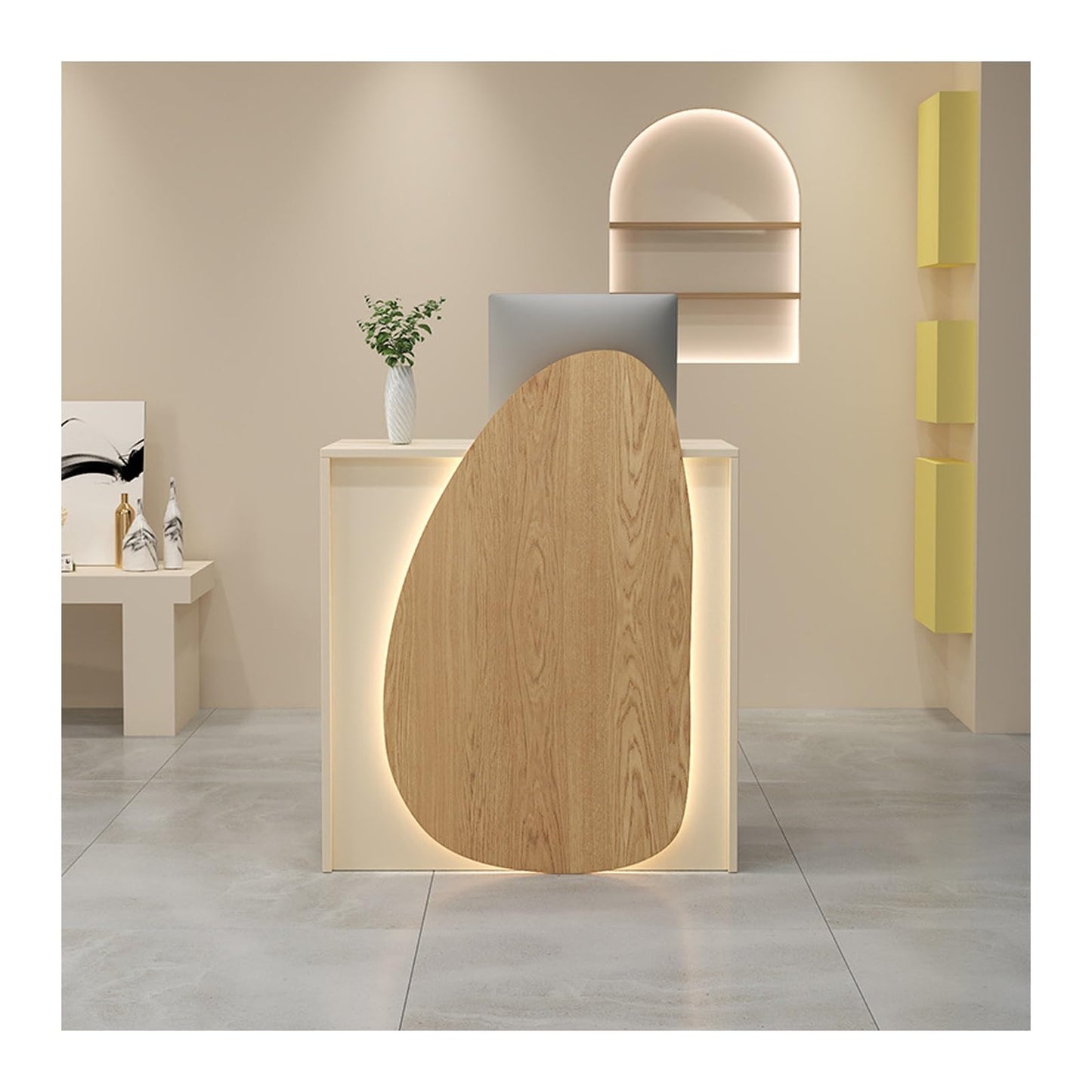 Modern Reception Desk with Lockable Drawers & Storage Cupboard, Stylish Modern Retail Checkout Counter with Lockable Drawer -Beige Reception Desk for Salons, Shops & Lobbies - Front Counter,