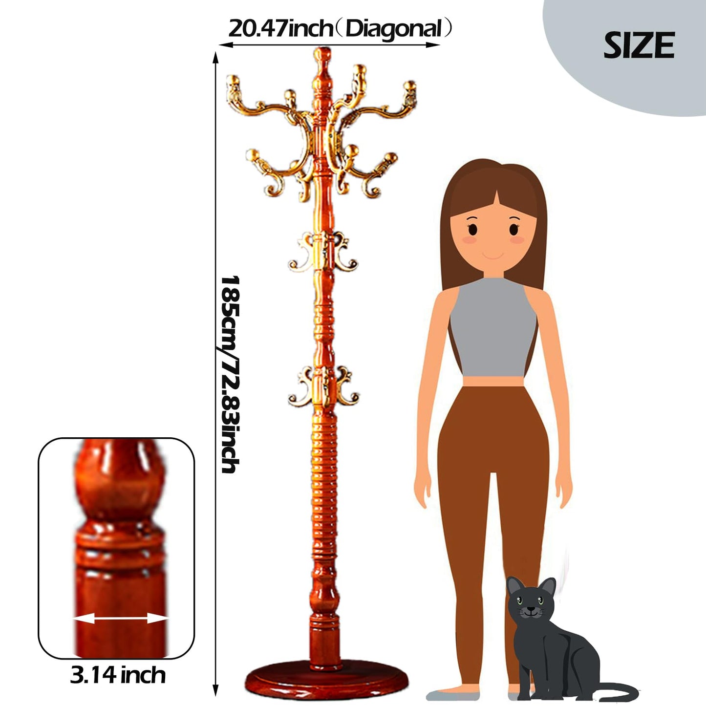 Sauqzoh Coat Racks Free Standing with 14 Hooks, Natural Wood Coat Stands for Entryway, Adjustable Height 73 in Tree Coat Rack Stand for Hallway Home Office Bedroom (Begonia)