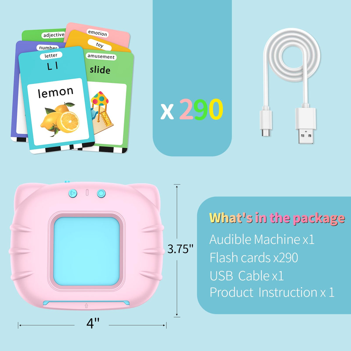 Eaever 580 Pre-K Sight Words Talking Flash Cards with Dolch Words,Letters/Number Flash Cards 1-100 Kindergarten, Pocket Speech Toys, Educational Learning Gifts for 3 4 5 6 Year Old Girls, Pink
