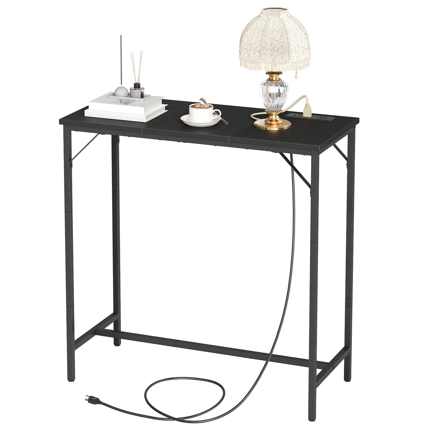 HOOBRO Bar Table with Charging Station, Rectangular Pub Table, High Top Coffee Table, Counter Bar Height Table, Narrow Long Dining Table, 35.4" L x 15.7" W x 35.6" H, Black BB90UBT01N1