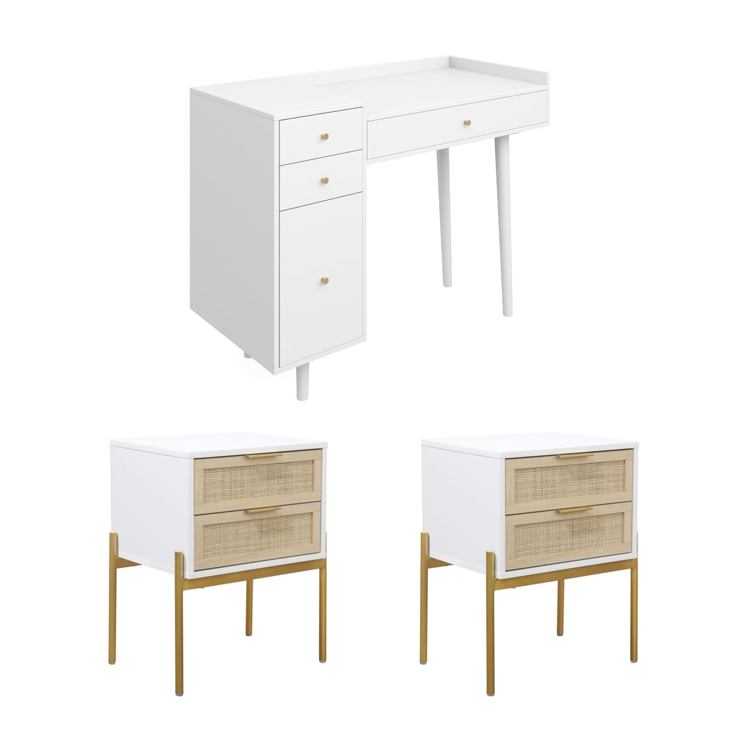 Nathan James Daisy White Desk Wall Unit, Vanity and Nightstand Set, Wood Desk with Drawer and Side Table with Metal Legs and Rattan Accent