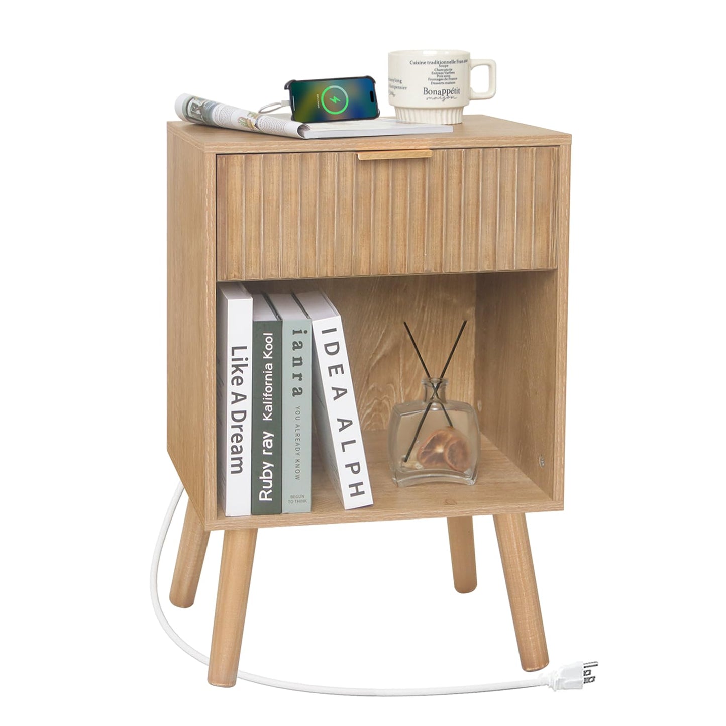 Fultyle Wood Nightstand with Charging Station, Bedside Table with Fluted Drawers and Outlet, Boho Night Stand for Bedroom, Living Room, Office (Rustic Walnut)