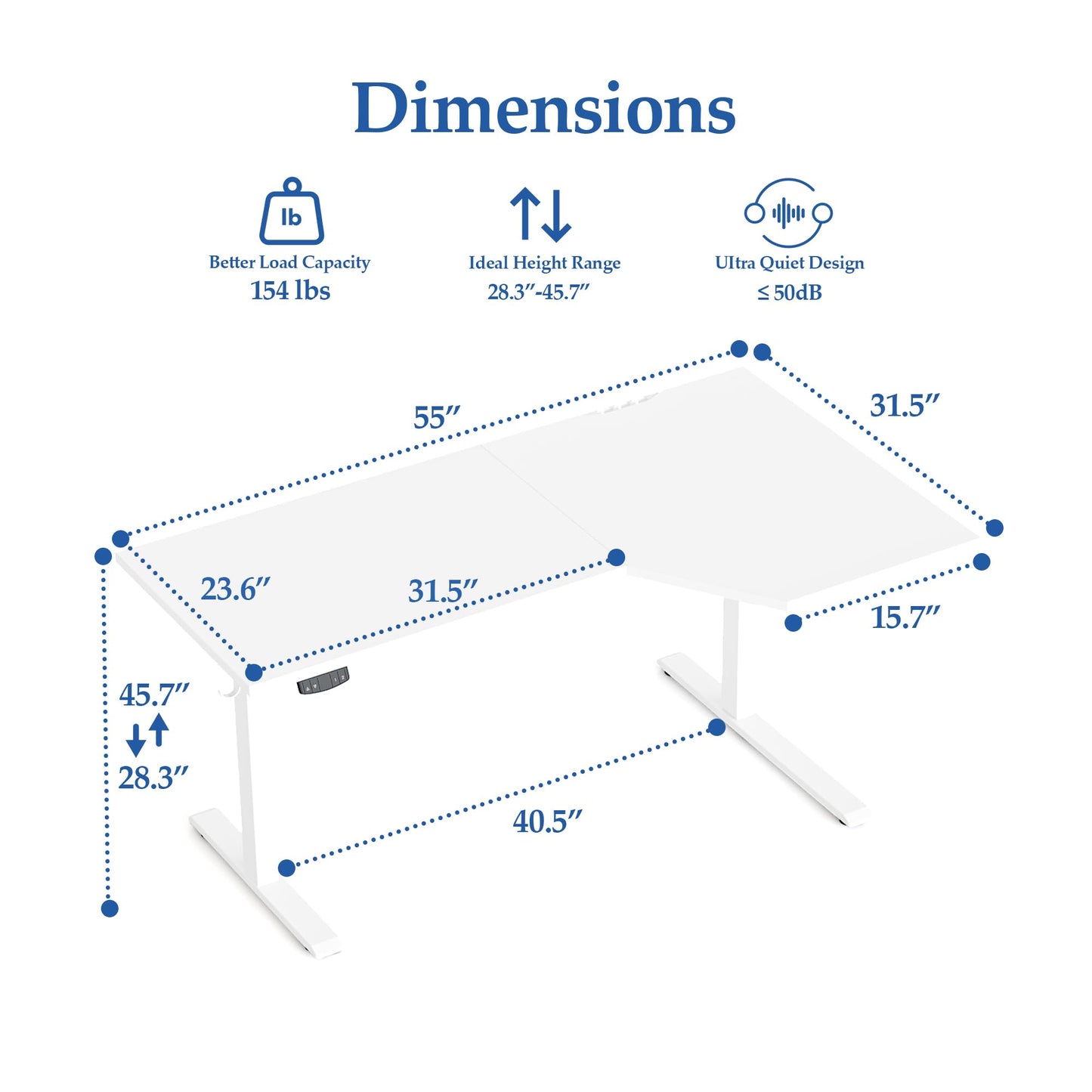 Klicelor L Shaped Standing Desk 55 x 31.5 Inch, Electric Height Adjustable Corner Desk for Home Office Workstation, Ergonomic Sit Stand Computer Table with Memory Controller, White