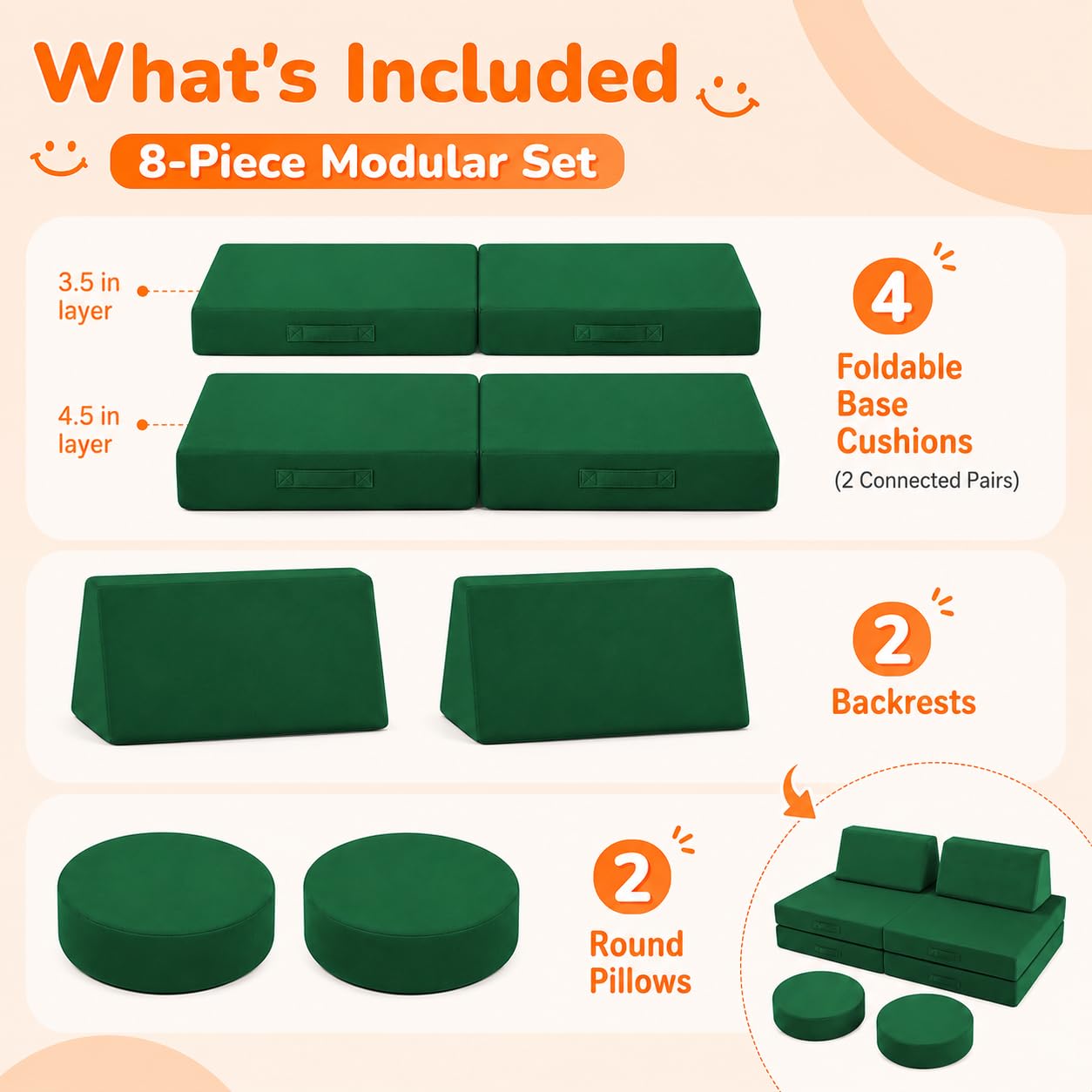 MeMoreCool Kids Couch, Forest Green Modular Foam Play Couch, Ages 3+