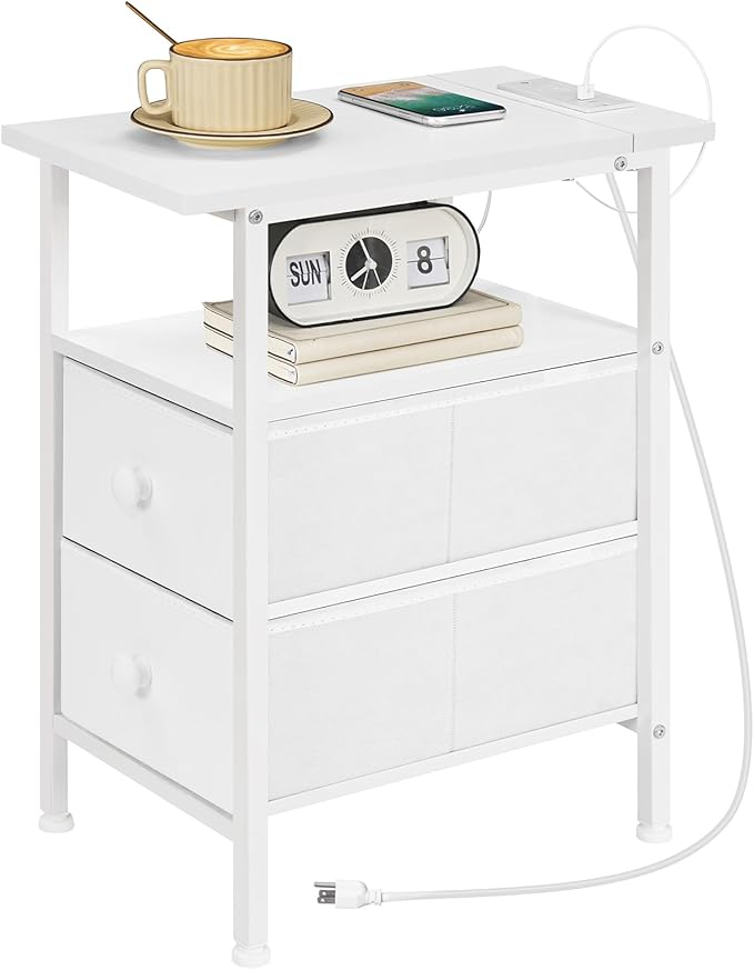 HOOBRO End Table with Charging Station, Narrow Side Table, Nightstand with 2