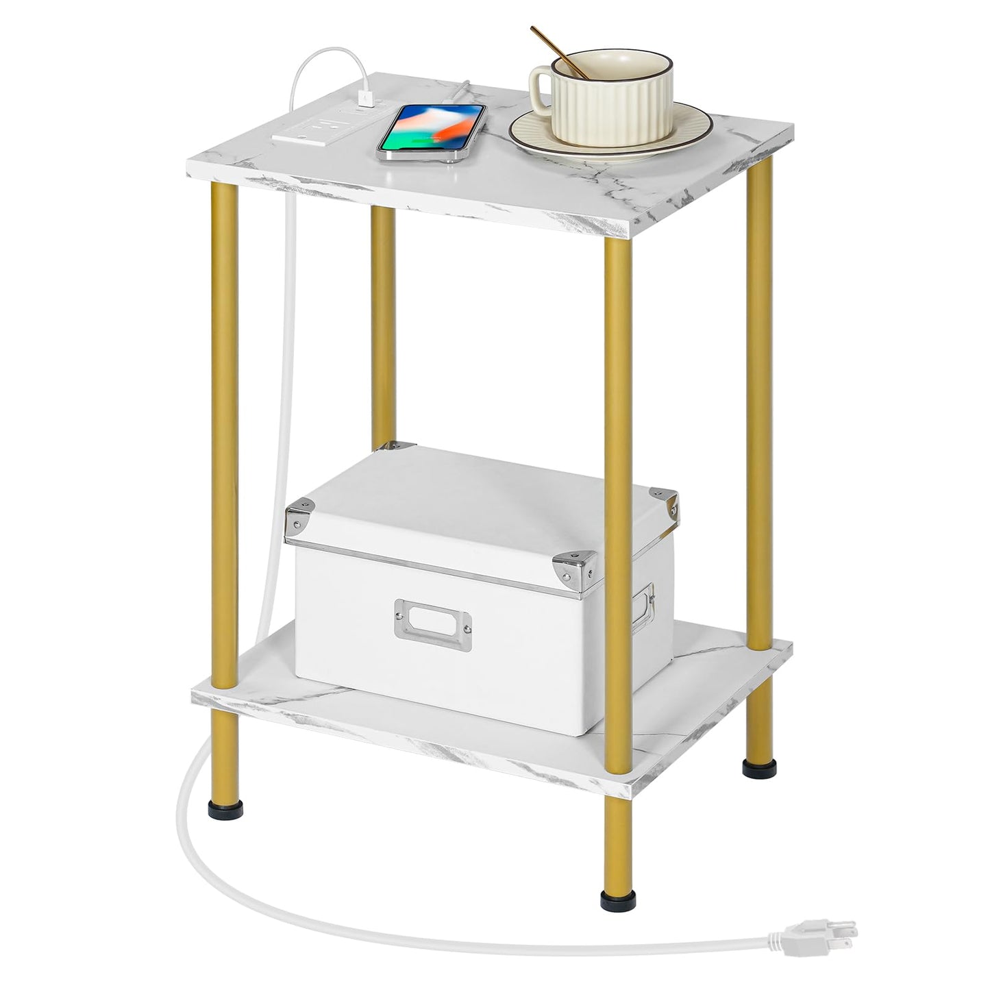 HOOBRO Side Table with Charging Station, End Table with USB Port and Outlet, Nightstand with 2-Layer Storage Shelves for Small Spaces, Living Room, Bedroom, Stable Frame, Gold and Marble DM09UBZ01