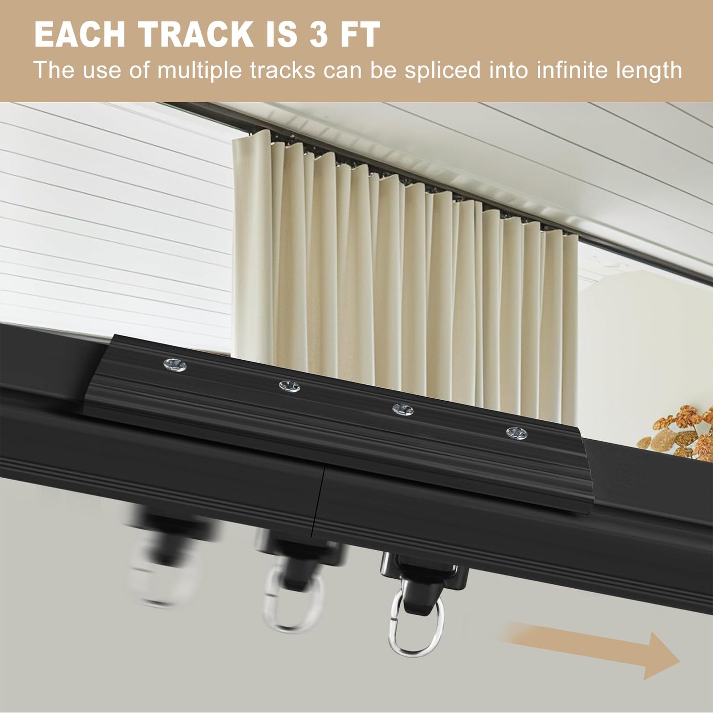MaKefeile Ceiling Curtain Track, Heavy Duty Curtain Tracks System for Room Divider, Wall Mount Sliding Curtain Rail with Clip and Hooks Set for Living Room, Bedroom, Shower, Outdoor, Black, 3ft-6ft