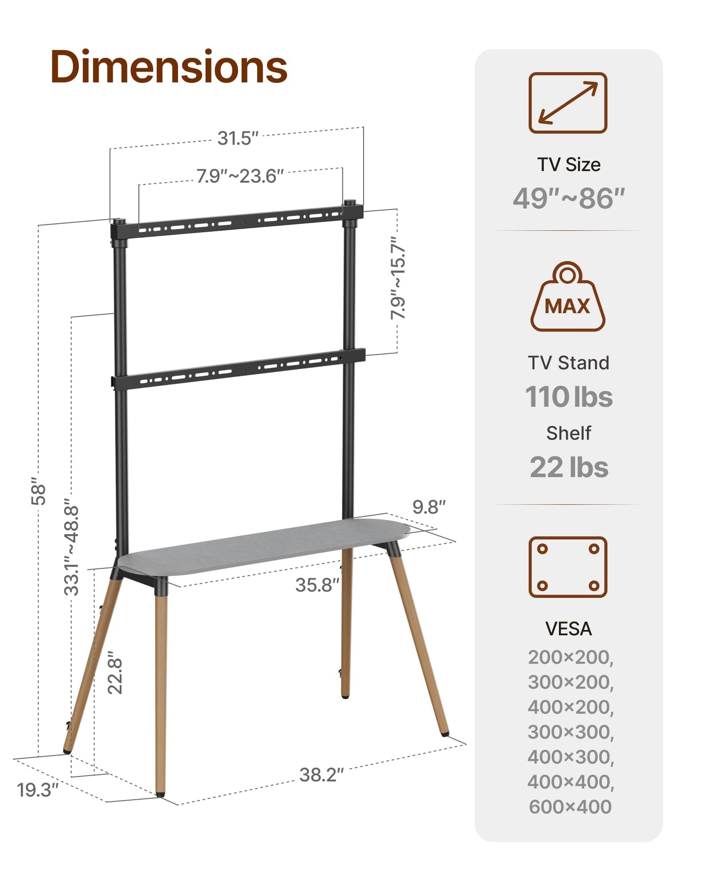 ECOTINY Easel Floor TV Stand with Storage for 49-86 inch TVs, Height Adjustable 4-Leg Universal TV Stand with Cable Management & Protective Pads, Holds 110 lbs for Living Room, Office, School, Black
