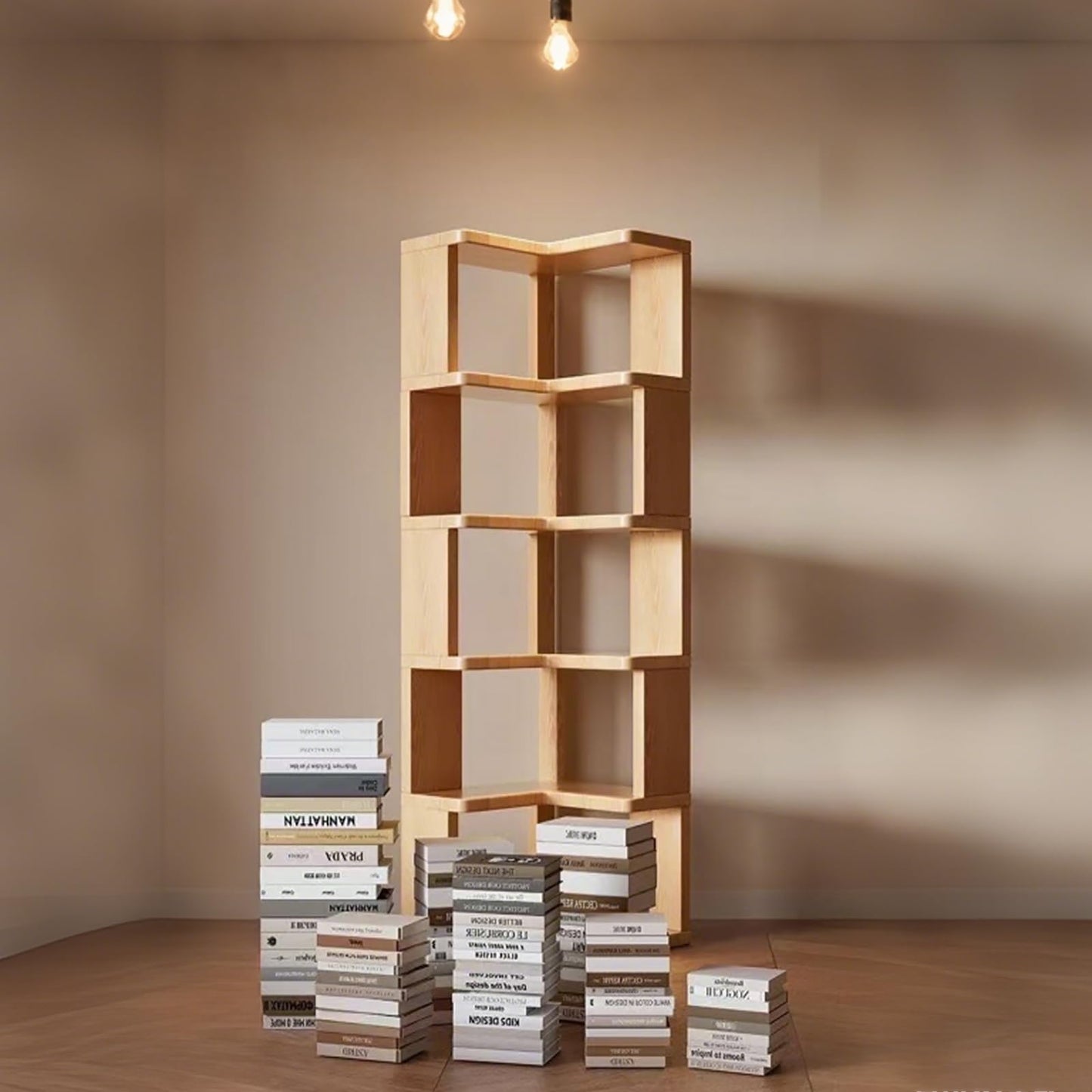 XIJIXILI 5-Tier Corner Bookshelf L-Shaped Wood Open Bookcase with Anti-Drop Panel, Space-Saving Storage for Living Room Bedroom Home Office