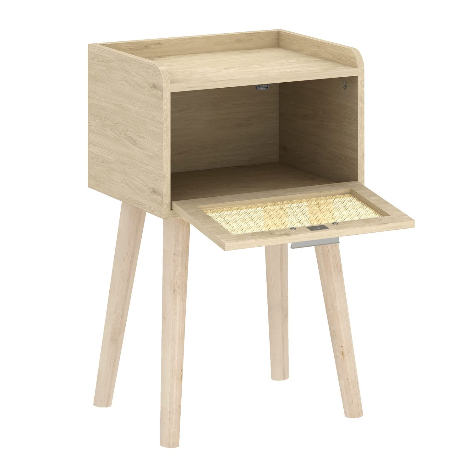 LAATOOREE Nightstand Set of 2, Small Bedside Table, End Table with Rattan Door, Boho Side Table with Solid Wood Legs for Bedroom Living Room Small Space