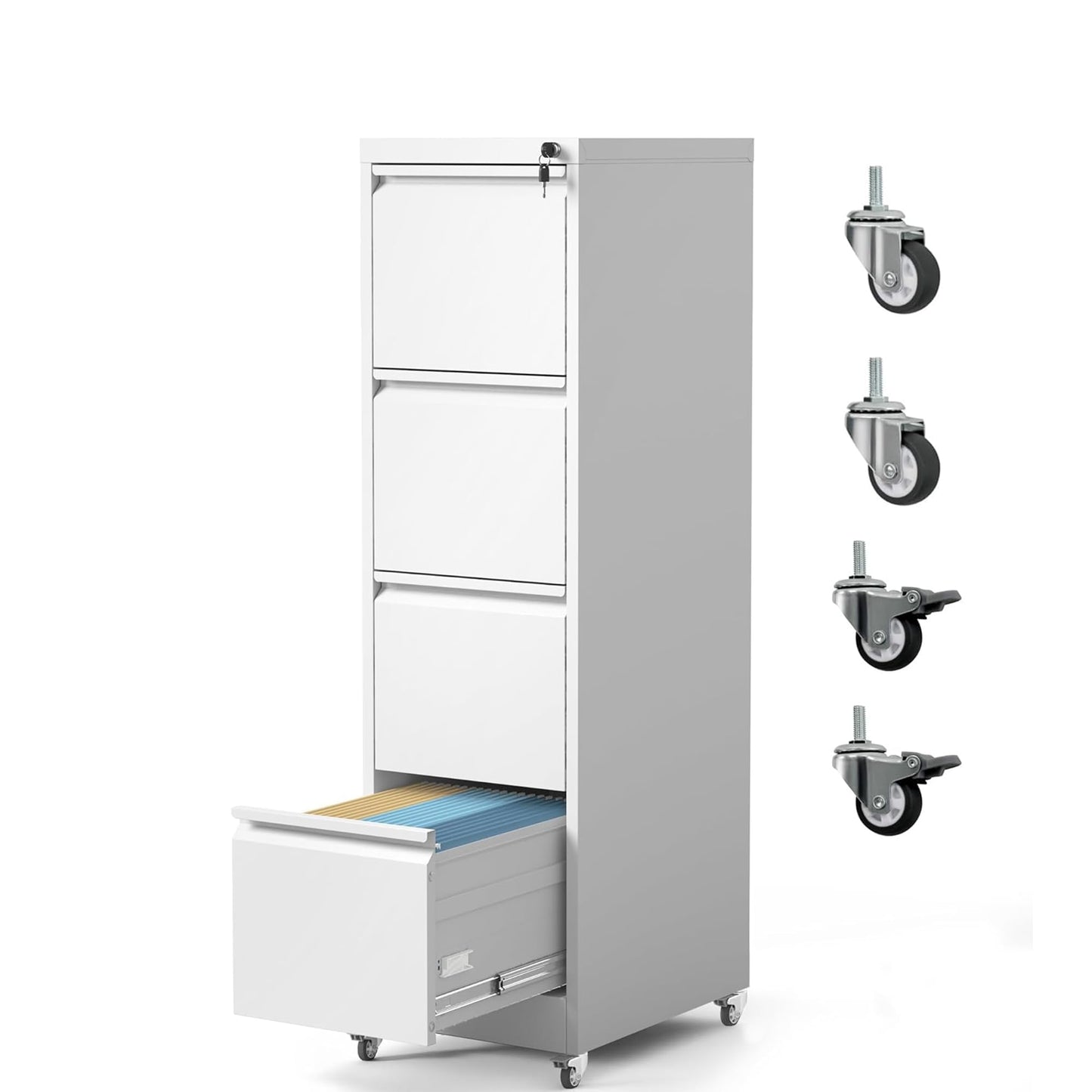 Yukimo 4 Drawer File Cabinet with Wheels, Metal Mobile Filing Cabinets with Lock, Vertical File Cabinet for Home Office, Rolling Storage Cabinet for A4/Letter/Legal Size File, Assembly Required, White