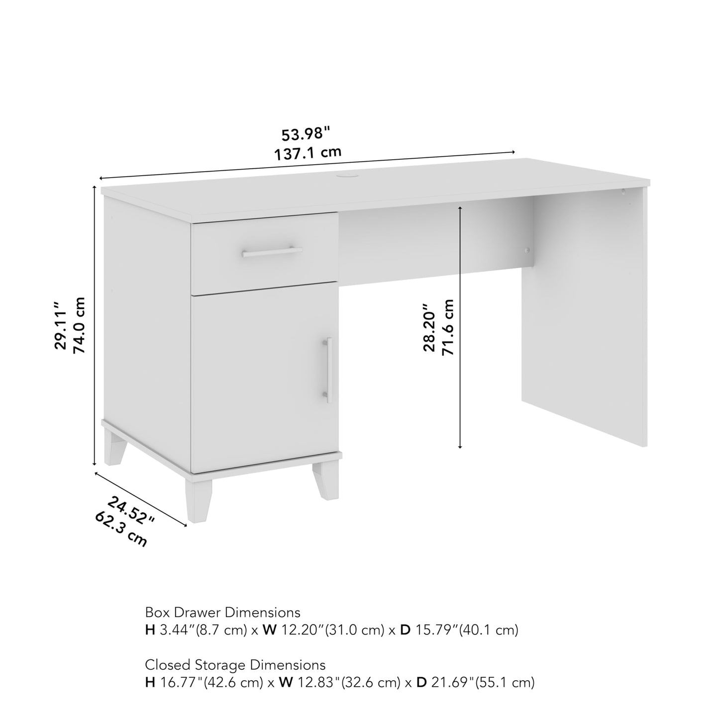Bush Home 54-Inch Office Desk with Drawer and Storage Cabinet, Computer Desk with Box Drawer and Adjustable Shelf, Home Office Workstation Furniture, Somerset Collection, White