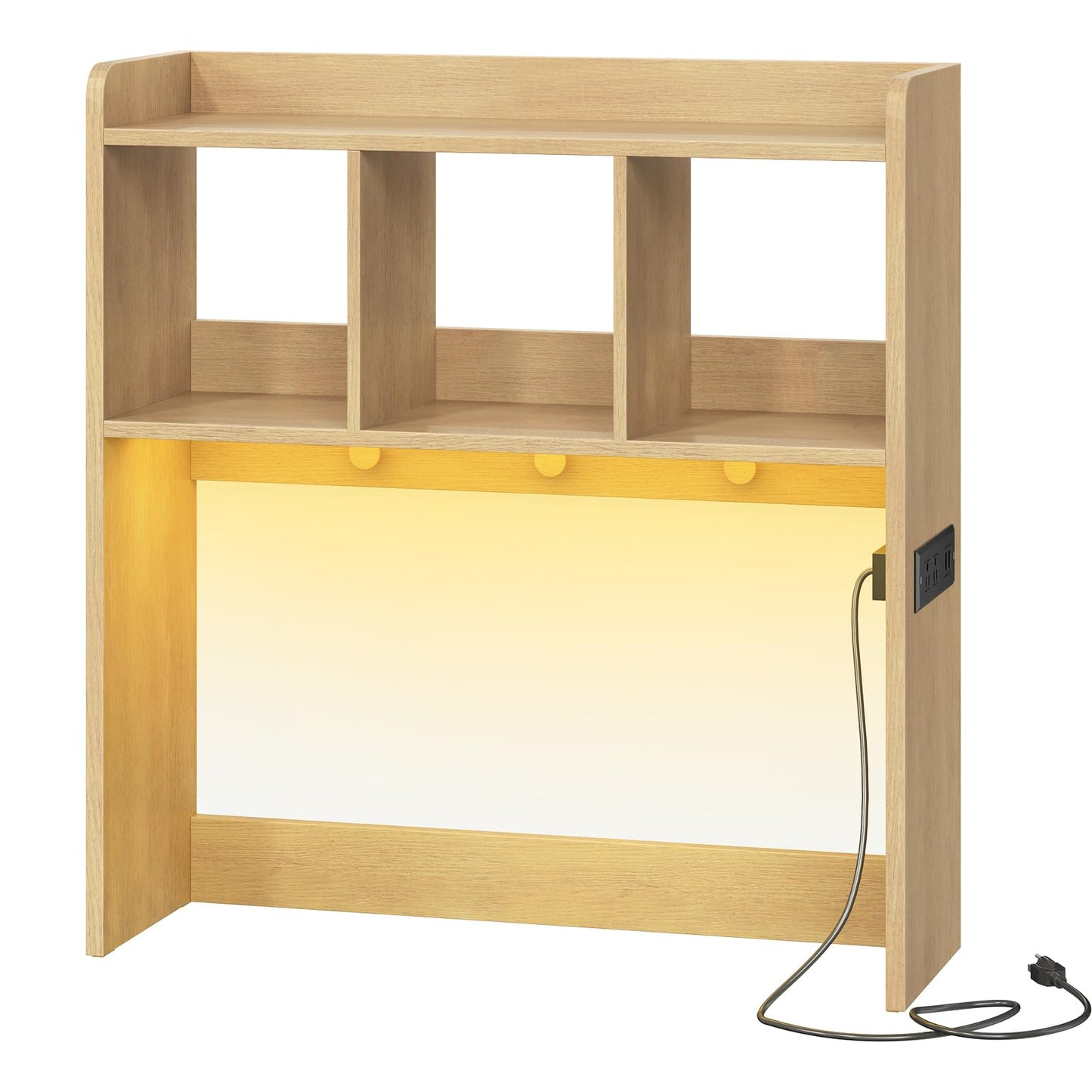 HOOBRO Desktop Bookshelf, Office Desktop Shelf, Desk Hutch with Outlets, Wooden Office Desktop Bookcase, Desktop Organizer Shelf with LED Light Strip and 3 Hooks, for Home, Study, Natural NL12UDSJ01