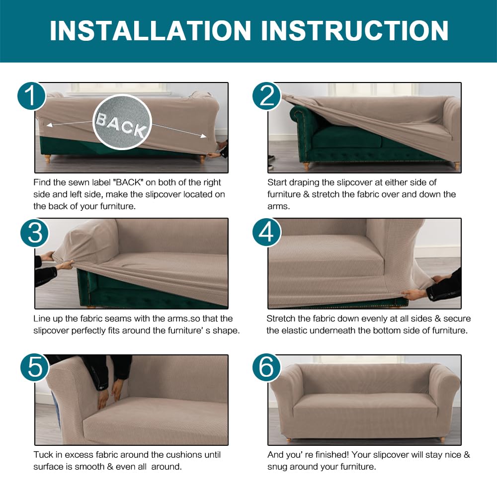 Turquoize Stretch Chesterfield Sofa Covers for Living Room Soft Sofa Couch Covers for 3 Cushion Couch Non-Slip Sofa Slipcover for Dogs Pet Furniture Protector Feature Jacquard Fabric (Sofa, Sand)