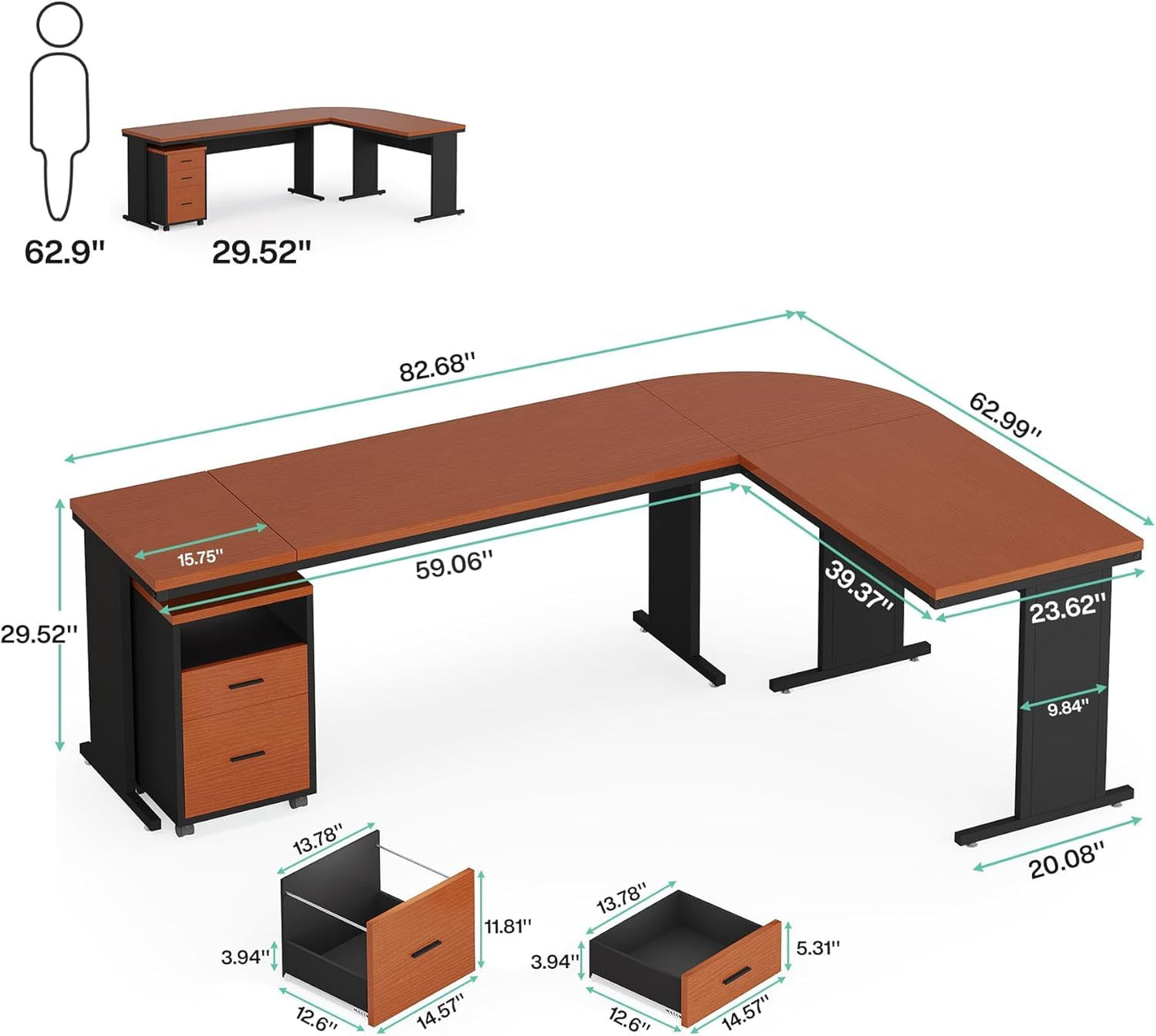 LITTLE TREE 82.67" Long Executive Desk with Drawers, Large L-Shaped Office Desk with Mobile File Cabinet, Farmhouse Computer Office Furniture Workstation with Storage for Home Office, Red Brown