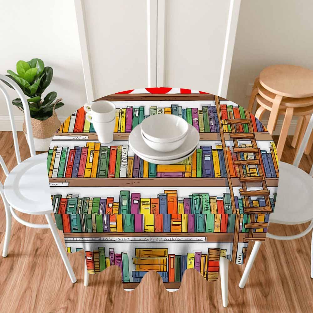 AnBuPan Bookshelf with So Many Books Round Tablecloths 60 Inch Library Bookshelves Books and Ladder Clear Table Cover Protector Fitted Home Kitchen Dinner Outdoor Picnic Party Decorations