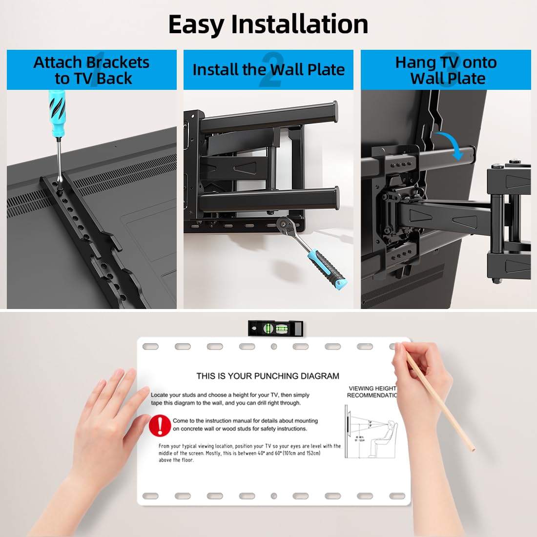 HOME VISION Full Motion TV Wall Mount with Soundbar Bracket for 32-85 Inch Flat/Curved TVs, Dual Articulating Arms Swivel Tilt Level, Max VESA 600x400mm, Fits 16" Studs, Holds up to 132lbs