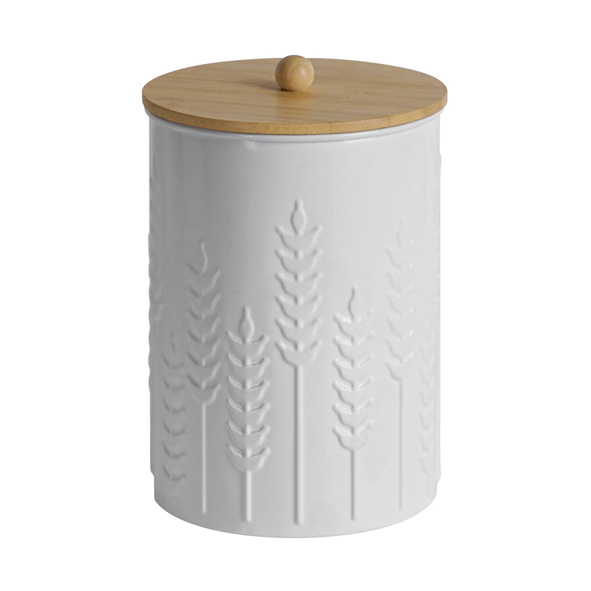 HOME PALETTE Kitchen Canister Set of 3 Tea Coffee Sugar Containers with Airtight Bamboo Lids Food Flour Storage for Countertop Metal White Ear of Wheat Pattern Embossed Farmhouse Decor