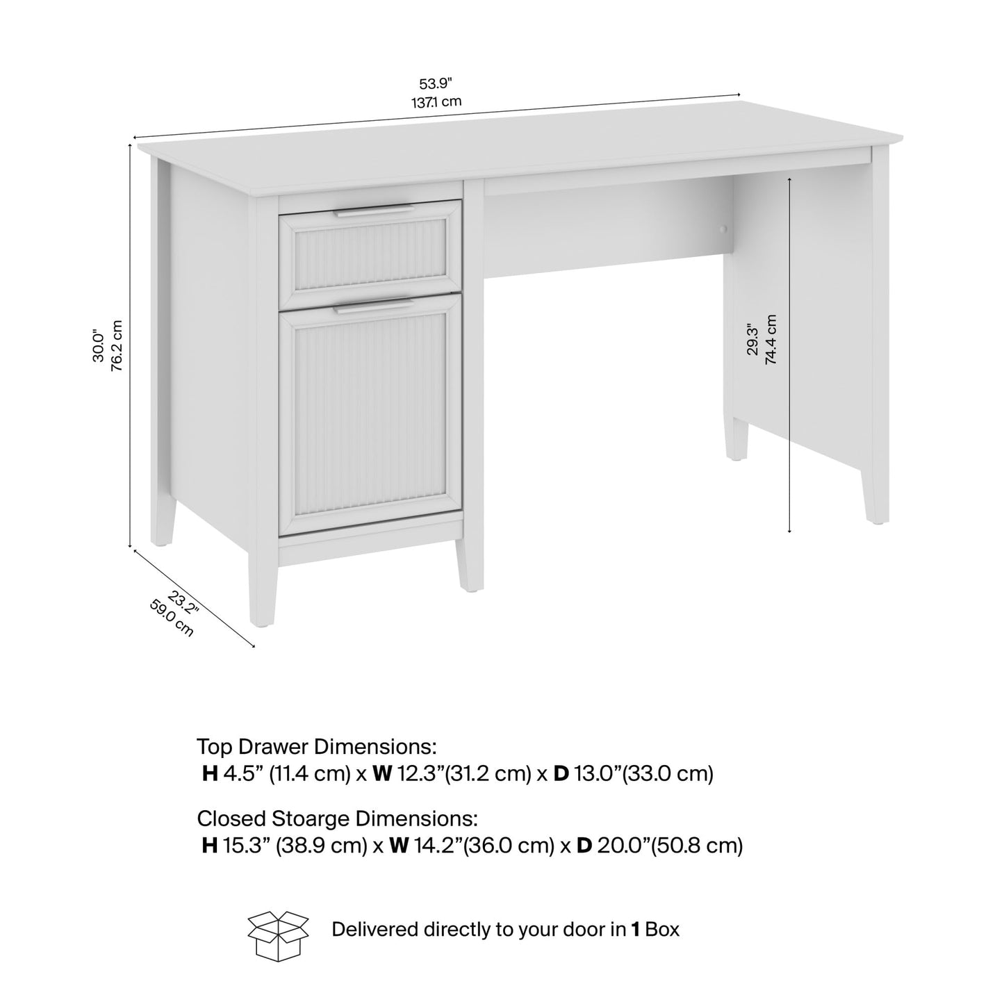 Bush Home 54-Inch Writing Desk with Storage, Fluted Computer Study Laptop Table Workstation with Spacious Drawer and Door Storage, Home Office Furniture, Make Up Vanity, Camille Collection, Onyx Birch