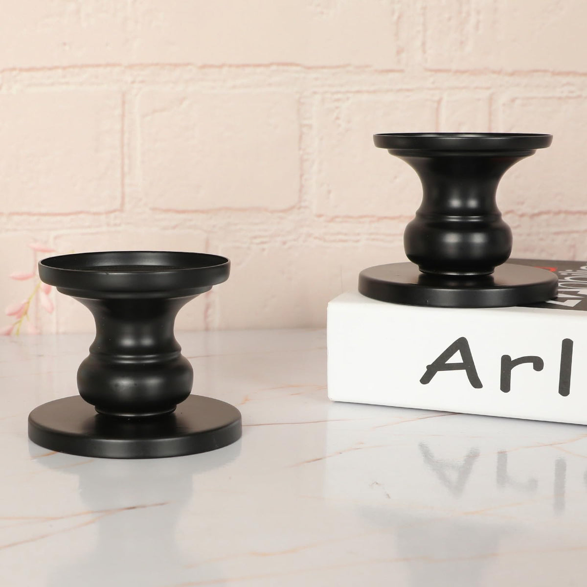 Matte Black Iron Pillar Candle Holders - Set of 2 Candlestick Holders, Metal Candle Holder for Pillar & Taper, Table Mantle Fireplace Farmhouse Home Decor