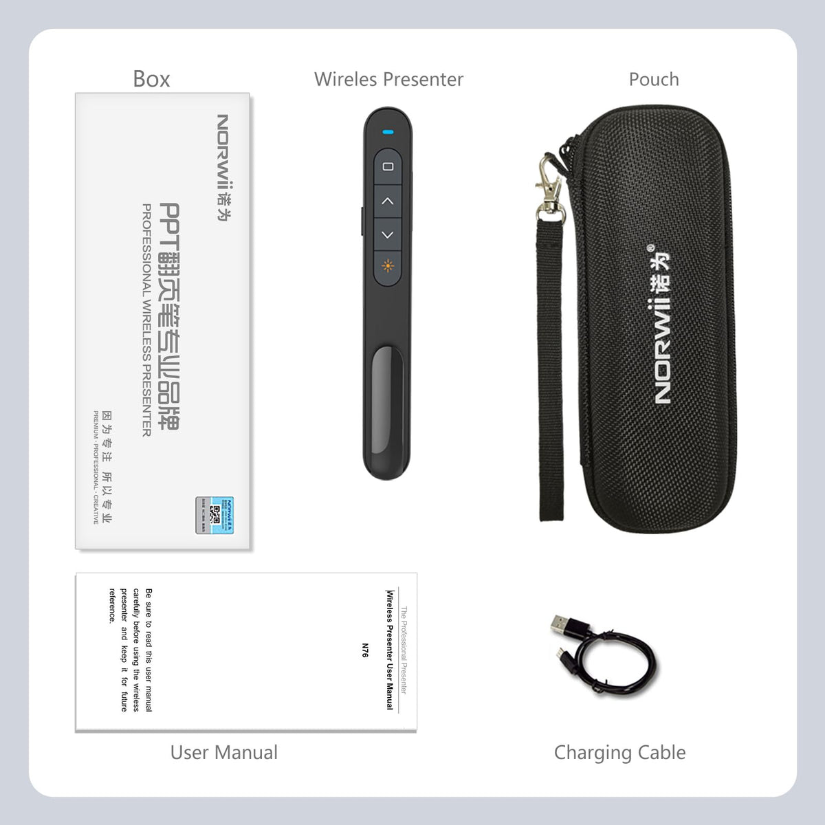 Norwii N76 Rechargeable Presentation clicker, Long Range Presentation Remote, Wireless Presenter, Pointer for PowerPoint Presentations, Slide Control - Green Light+Case