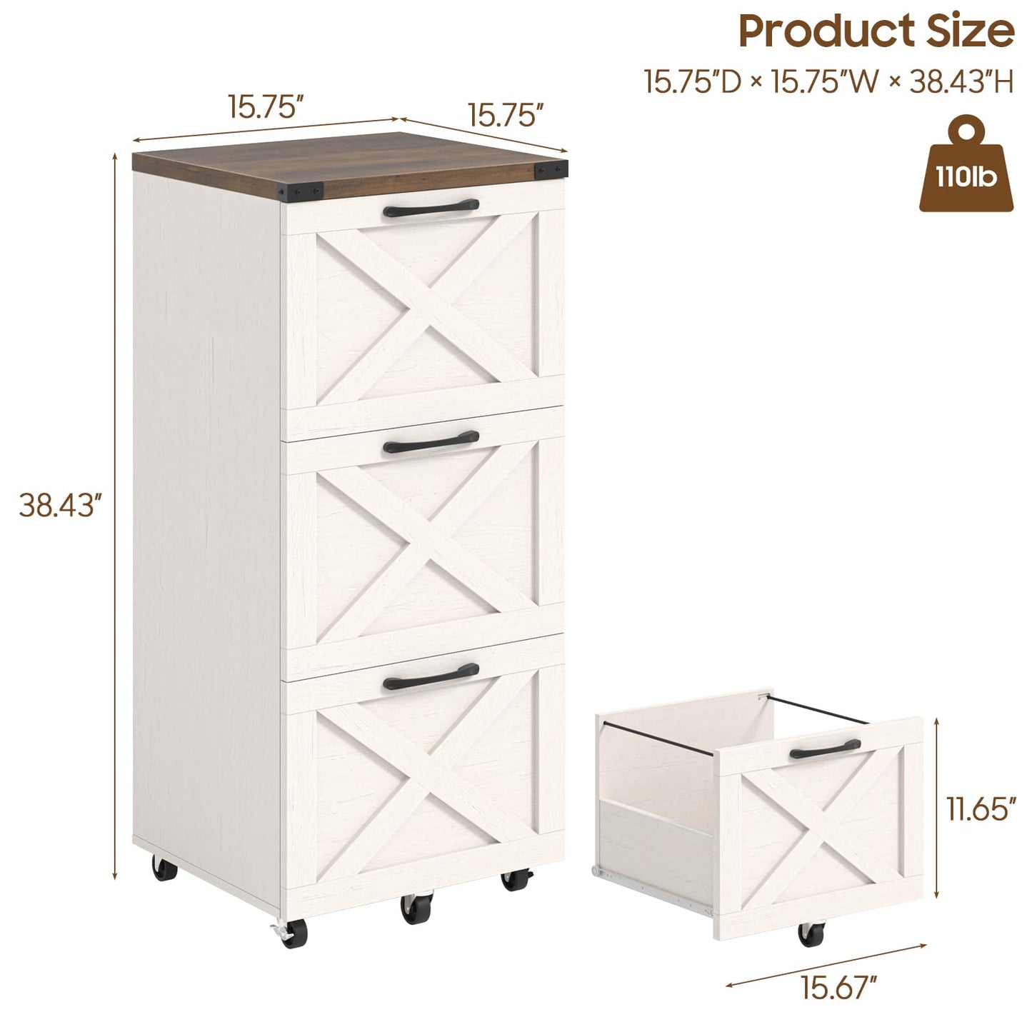 Halitaa 3 Drawer Tall File Cabinet with Wheels, Farmhouse Vertical Filing Cabinet Fits Letter/A4 Size, Rolling File Cabinets Wooden Printer Stand for Home Office, Rustic White and Brown